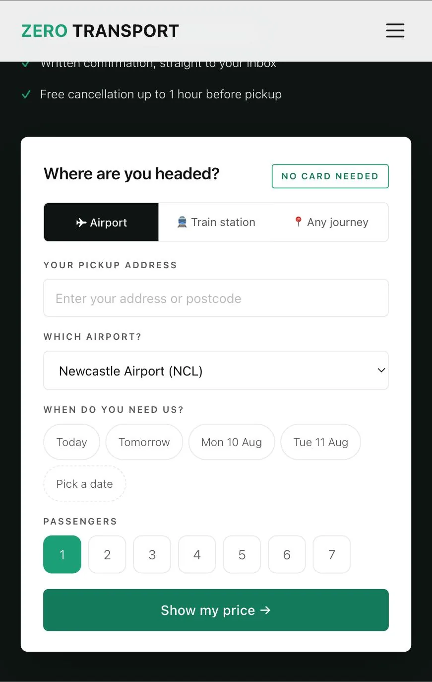 Zero Transport live quote and booking website — the mobile instant-quote journey where a customer chooses airport, pickup address, travel date and passengers, then taps Show my price